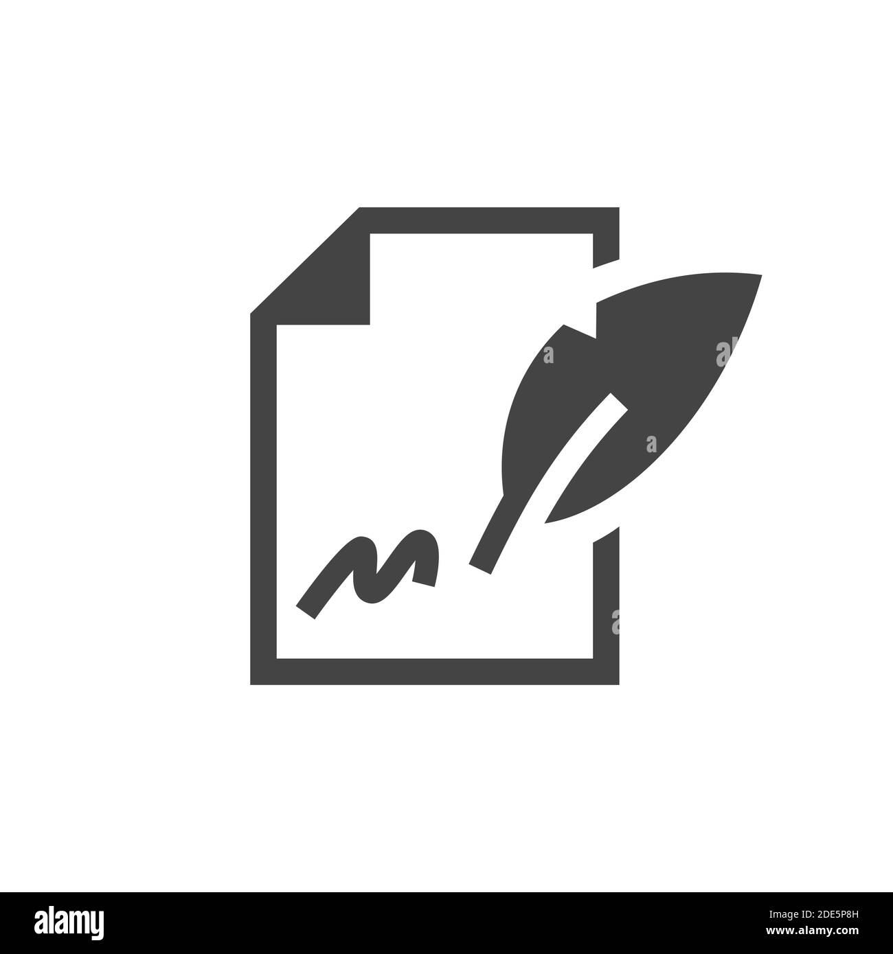 Contract signing black vector icon. Paper document with signature and quill pen sign. Stock Vector