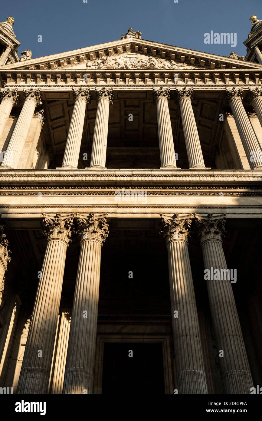 St Pauls Cathedral London architecture, of the old historic building showing architectural detail of stone columns of English Baroque Style in England, UK, Europe Stock Photo
