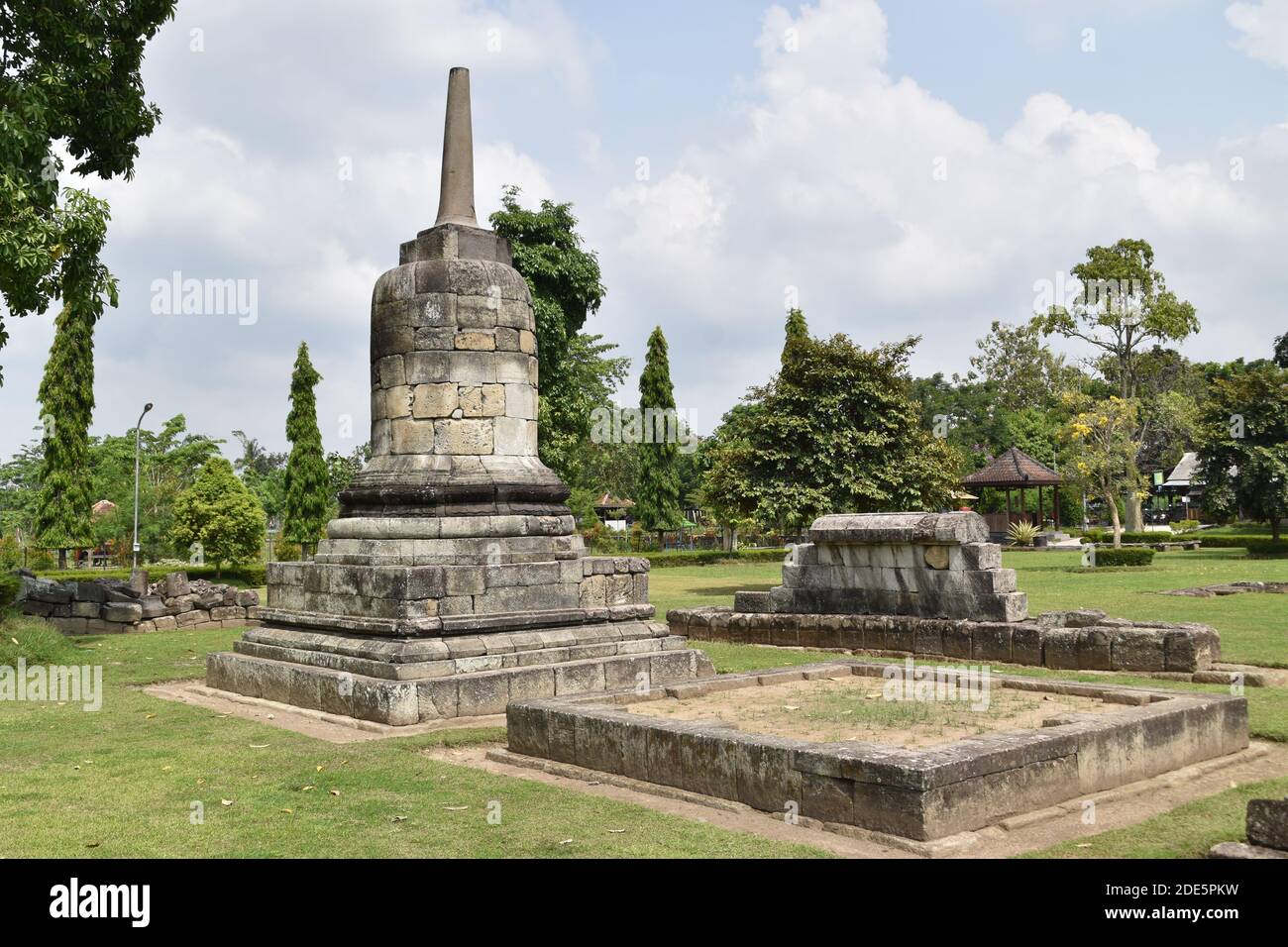 perwara or pervara stupa and others debris at Sojiwan Temple complex in Central Java, Indonesia Stock Photo
