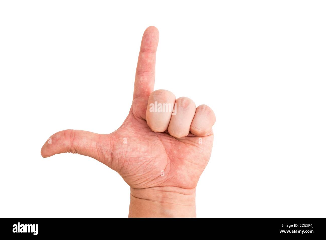 Communication using hand language and finger gestures. Sign with index finger pointing up Stock Photo