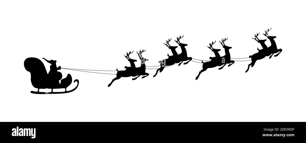 Merry Christmas and New year. Vector design silhouette Santa Claus flying with deer reindeer sleigh. Design element poster, banner, invitation, congra Stock Vector