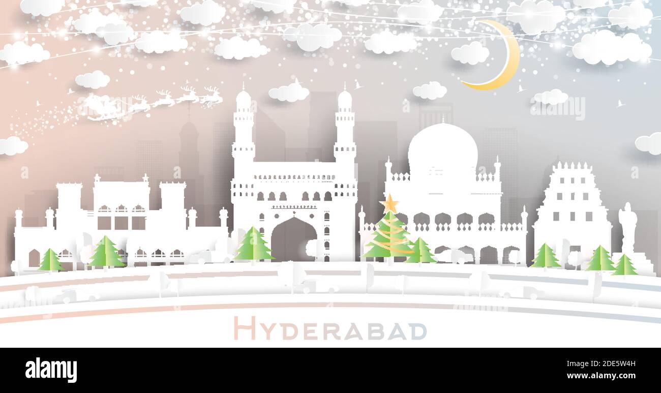 Hyderabad India City Skyline in Paper Cut Style with Snowflakes, Moon and Neon Garland. Vector Illustration. Christmas and New Year Concept. Santa. Stock Vector