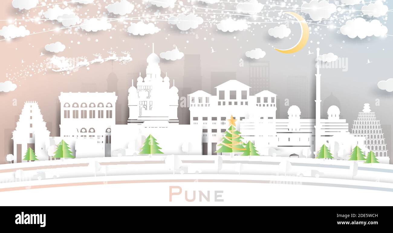 Pune India City Skyline in Paper Cut Style with Snowflakes, Moon and Neon Garland. Vector Illustration. Christmas and New Year Concept. Santa Claus. Stock Vector