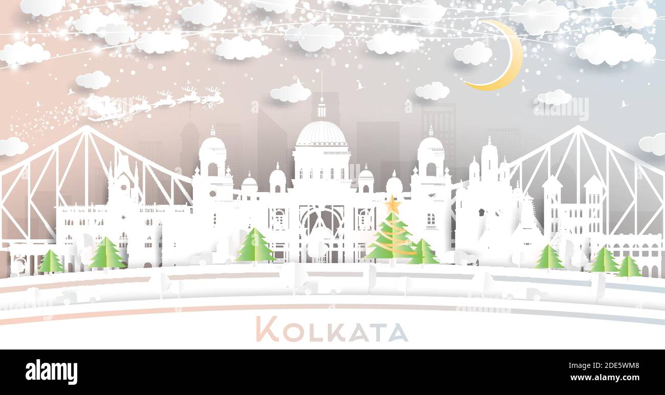 Kolkata (Calcutta) India City Skyline in Paper Cut Style with Snowflakes, Moon and Neon Garland. Vector Illustration. Christmas and New Year Concept. Stock Vector