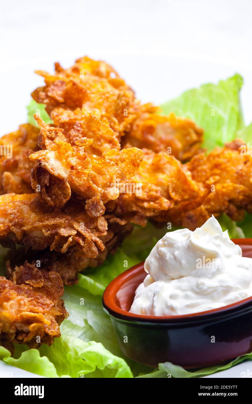 homemade chicken strips with garlic dip Stock Photo Alamy