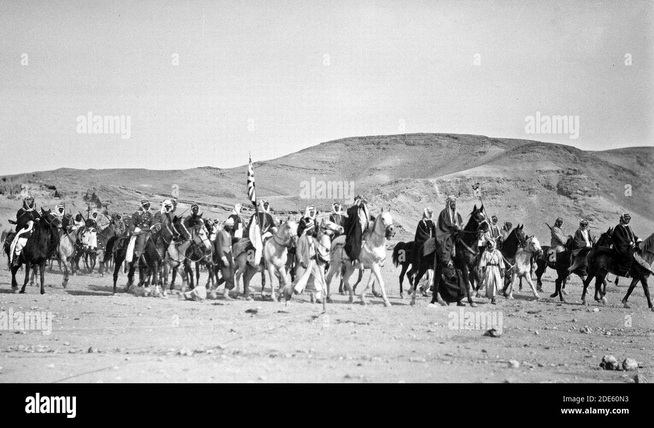 Middle East History - Pan-Islamic conference gathers at Shunet Nimrin Transjordan. Closer view of the royal cavalcade. King Ali and Emir Abdullah Stock Photo