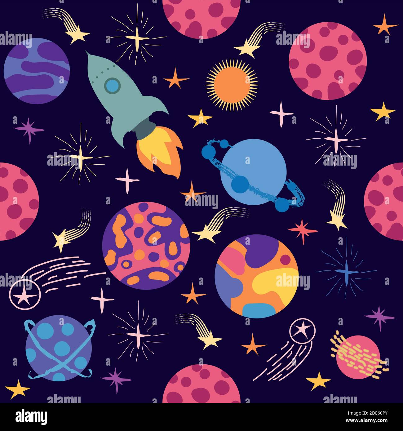 Seamless space pattern. Planets, rockets and stars. Cartoon spaceship ...