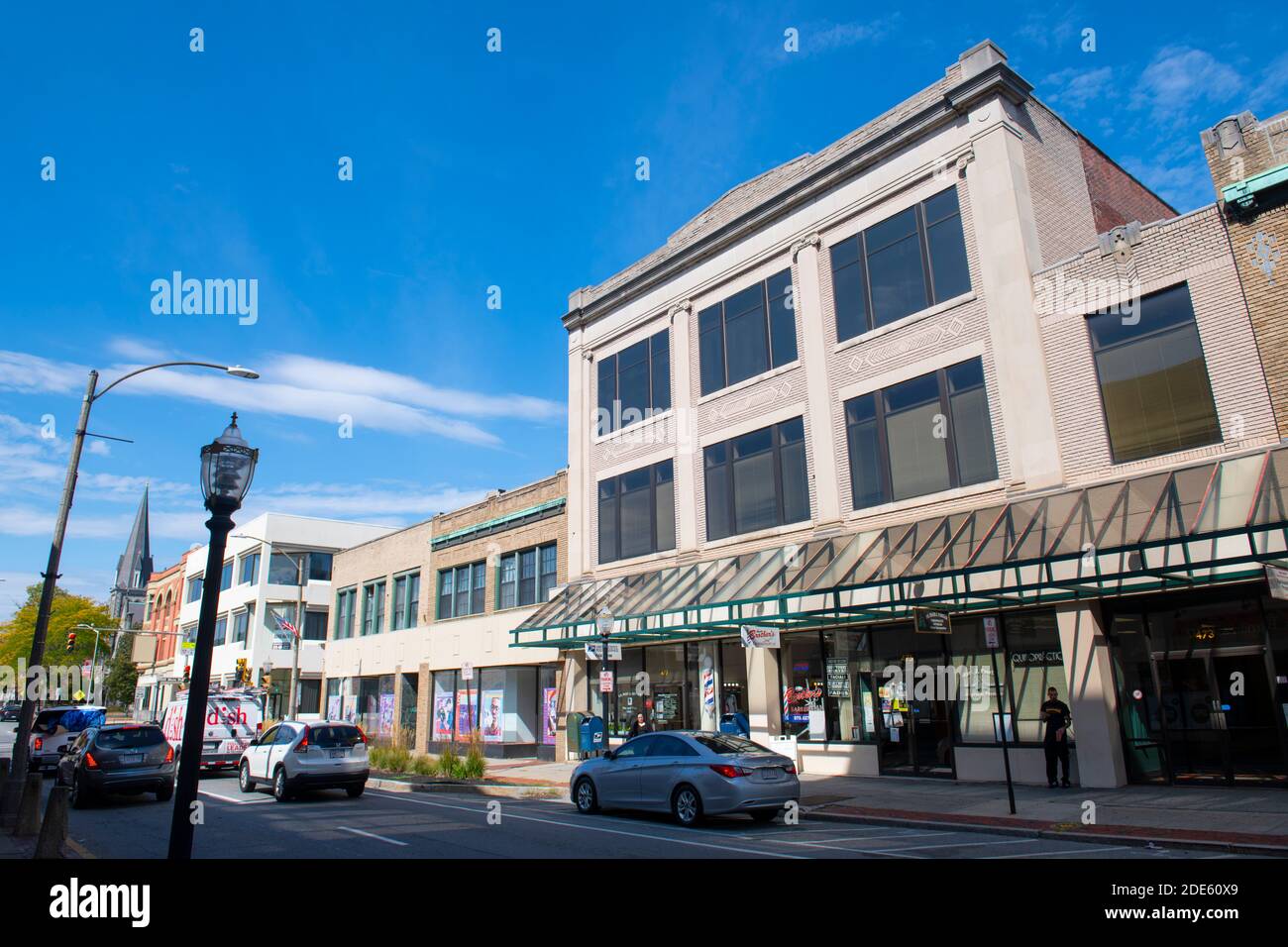 Historic commercial buildings on Main Street at Oliver Street in downtown Fitchburg
