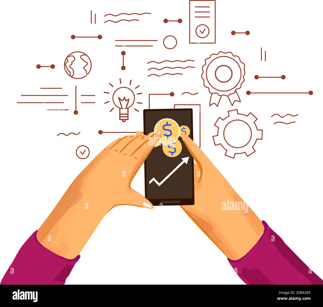 Human hands with phone - graphs and ideas for making money online, business infographics about earnings with online work Stock Vector