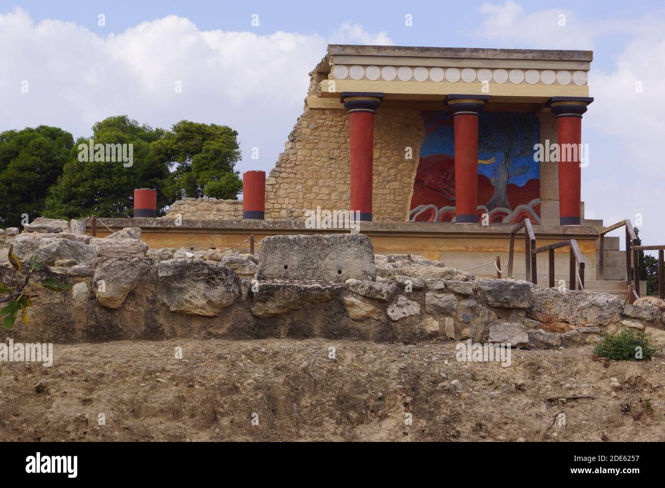 The north entrance of the Palace of Knossos with the Charging Bull fresco Stock Photo