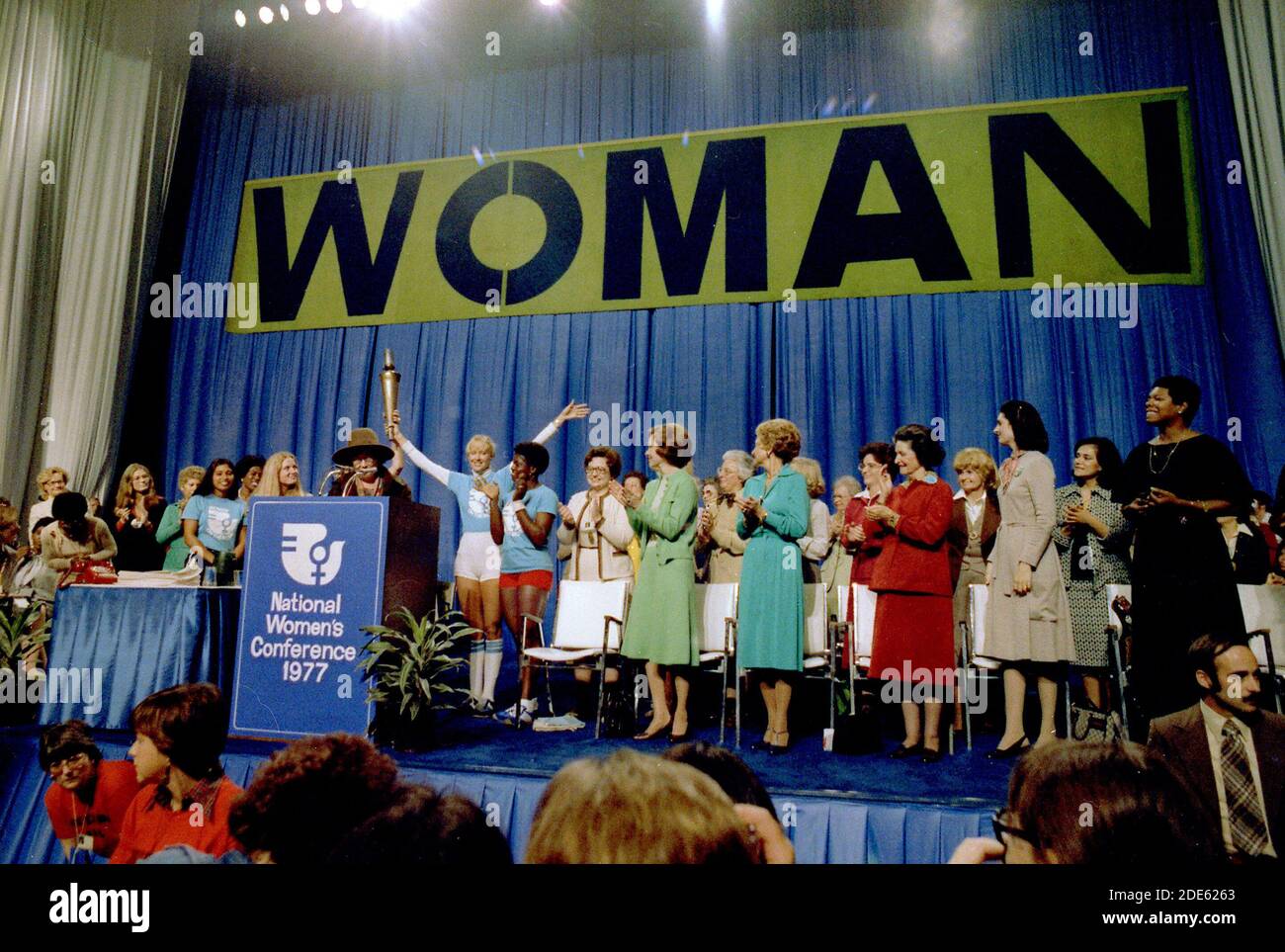 Rosalynn Carter with Betty Ford and Ladybird Johnson at the National Womens Conference. ca.  19 November 1977 Stock Photo