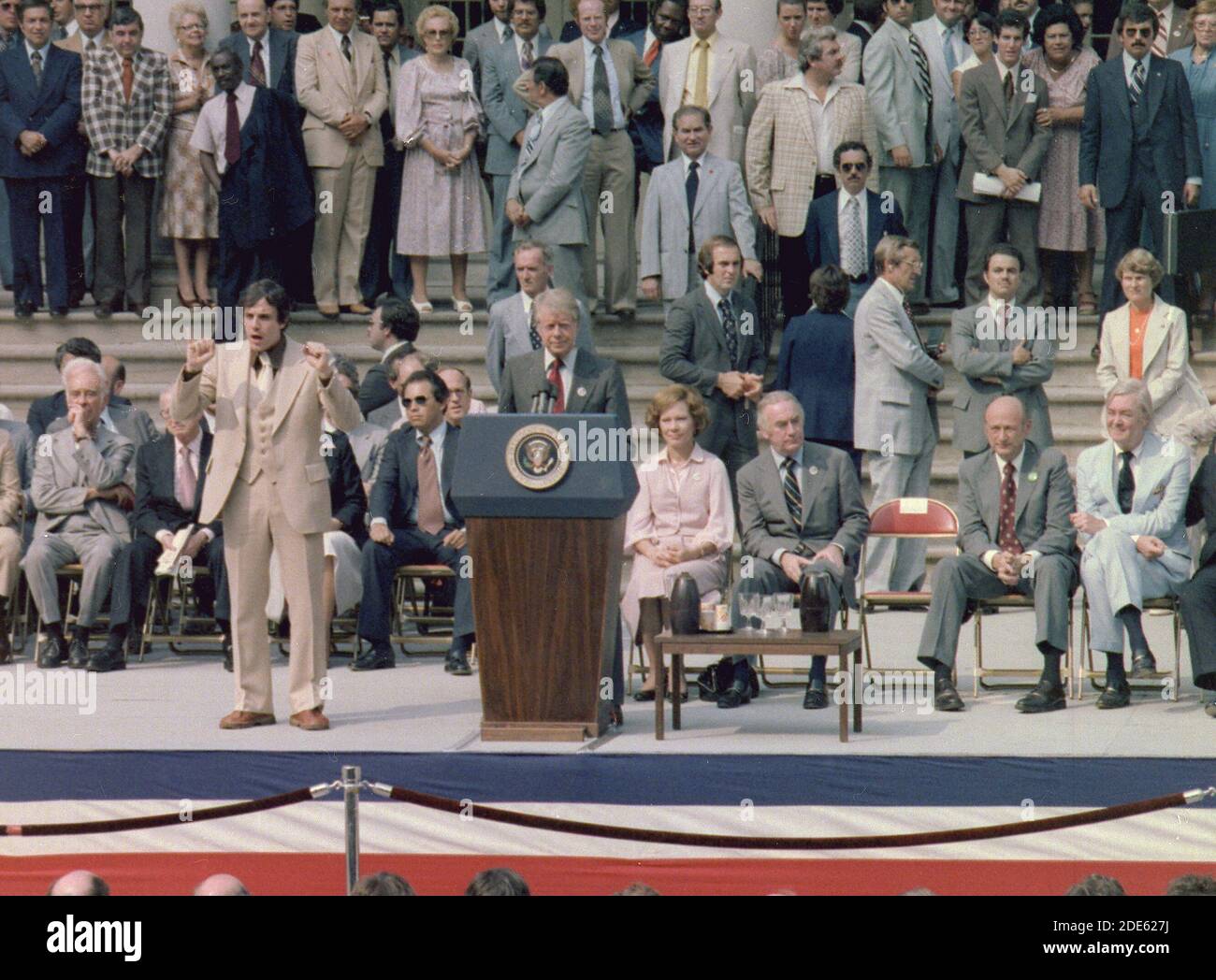 Jimmy Carter gives a speech in New York City at a bill signing for the New York City Loan Guarantee Act of 1978. ca.  08/09/1978 Stock Photo