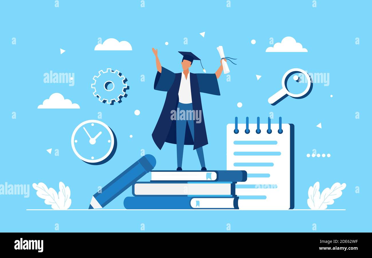Graduate achievement concept vector illustration. Cartoon winner student achieving graduation from school or university, wearing hat and robe, holding diploma, standing on stack of books background Stock Vector