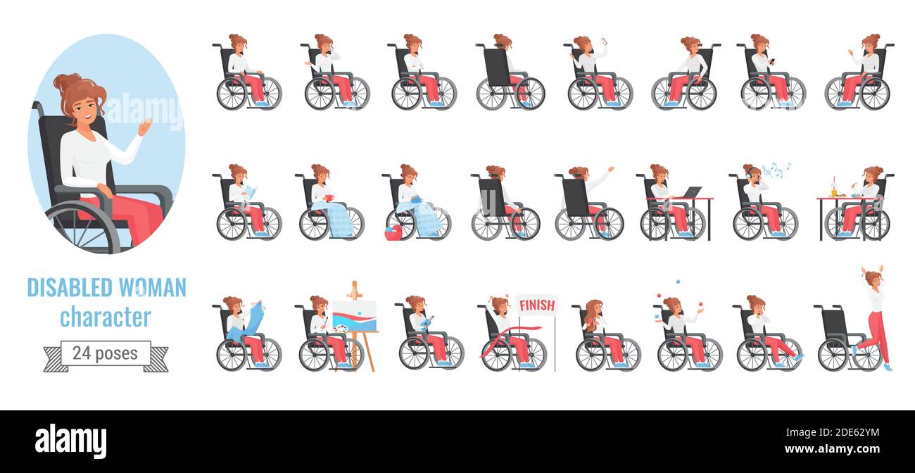 Disabled woman poses vector illustration set. Cartoon disable girl character with disability health problem sitting in wheelchair in various poses and gestures, front, side or back view isolated Stock Vector