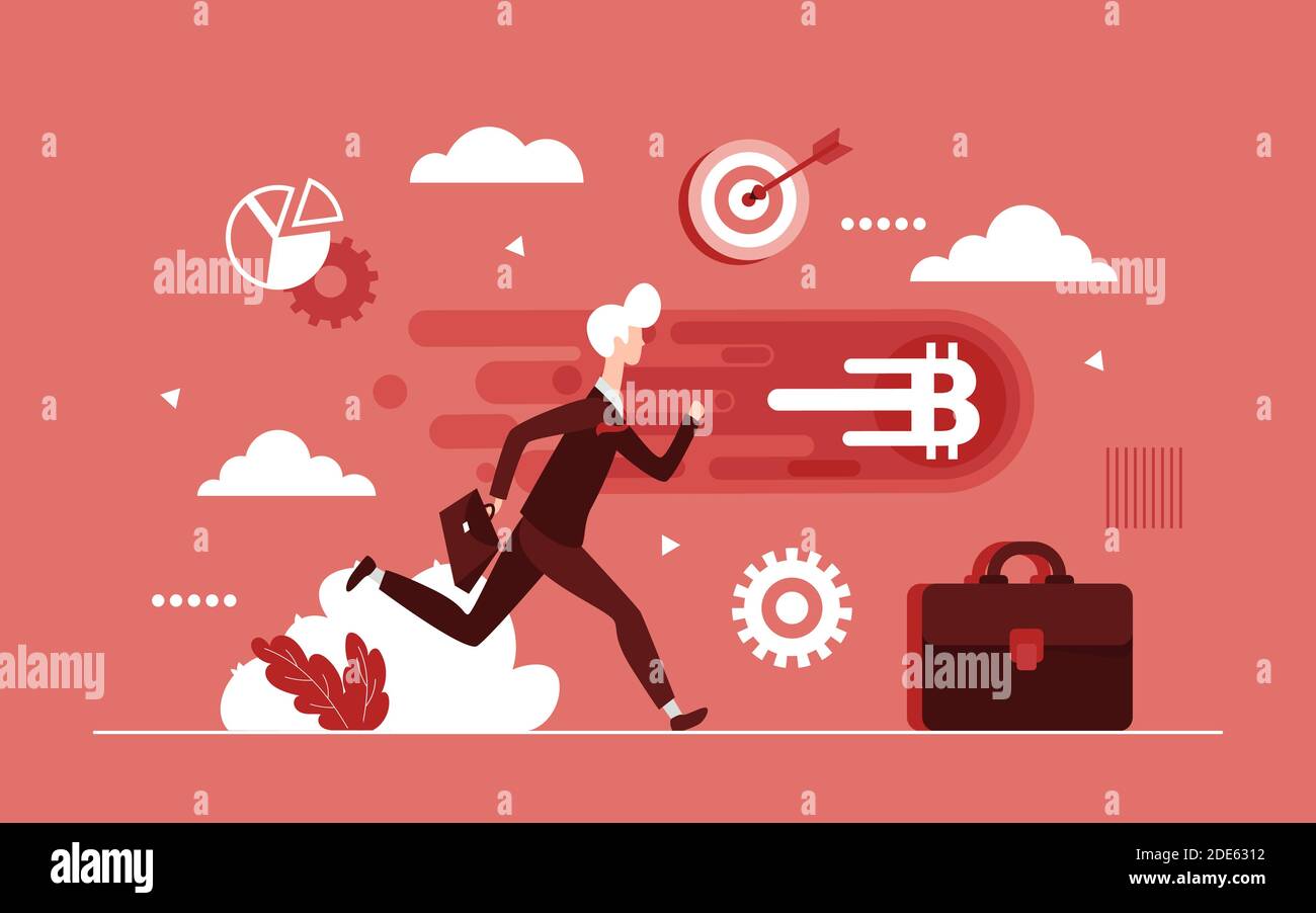 Bitcoin crypto currency business concept vector illustration. Cartoon businessman investor character running for bitcoin sign flying forward, investment in cryptocurrency digital market background Stock Vector