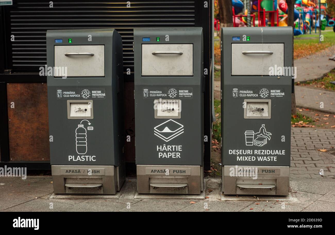 Three modern recycling bins in the city Stock Photo Alamy