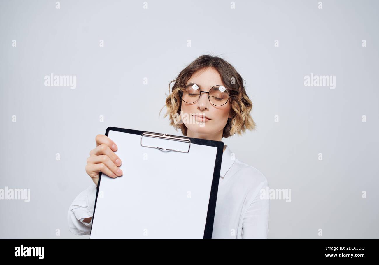 Business woman white shirt official documents Office Stock Photo - Alamy