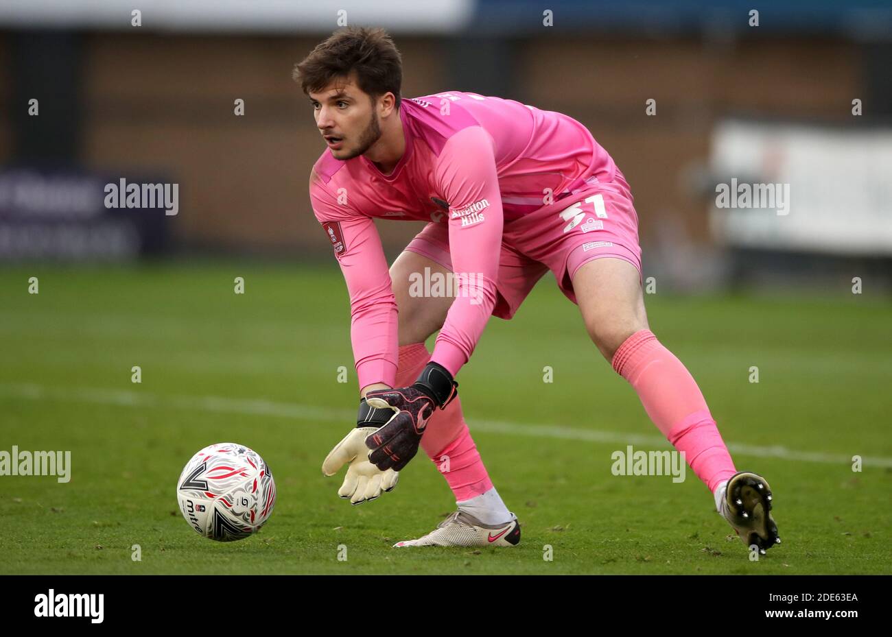 Shrewsbury Town's Matija Sarkic during the FA Cup second round match at Montgomery Waters Meadow, Shrewsbury. Stock Photo