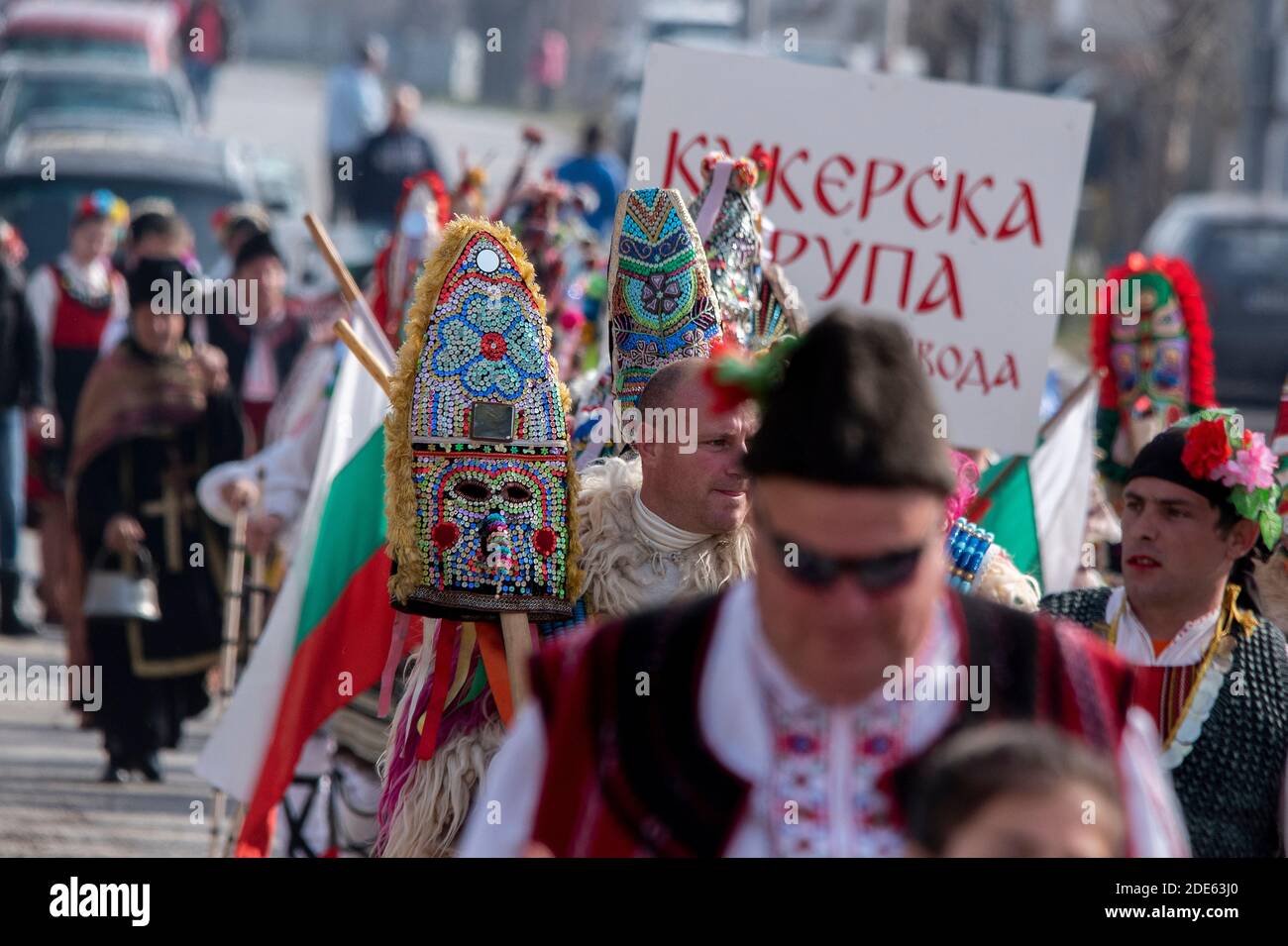 Glushnik village, Sliven region, Bulgaria - 9th March 2019: Bulgarian carnival with kuker dancers - ancient Thracian tradition to scare away evil spir Stock Photo