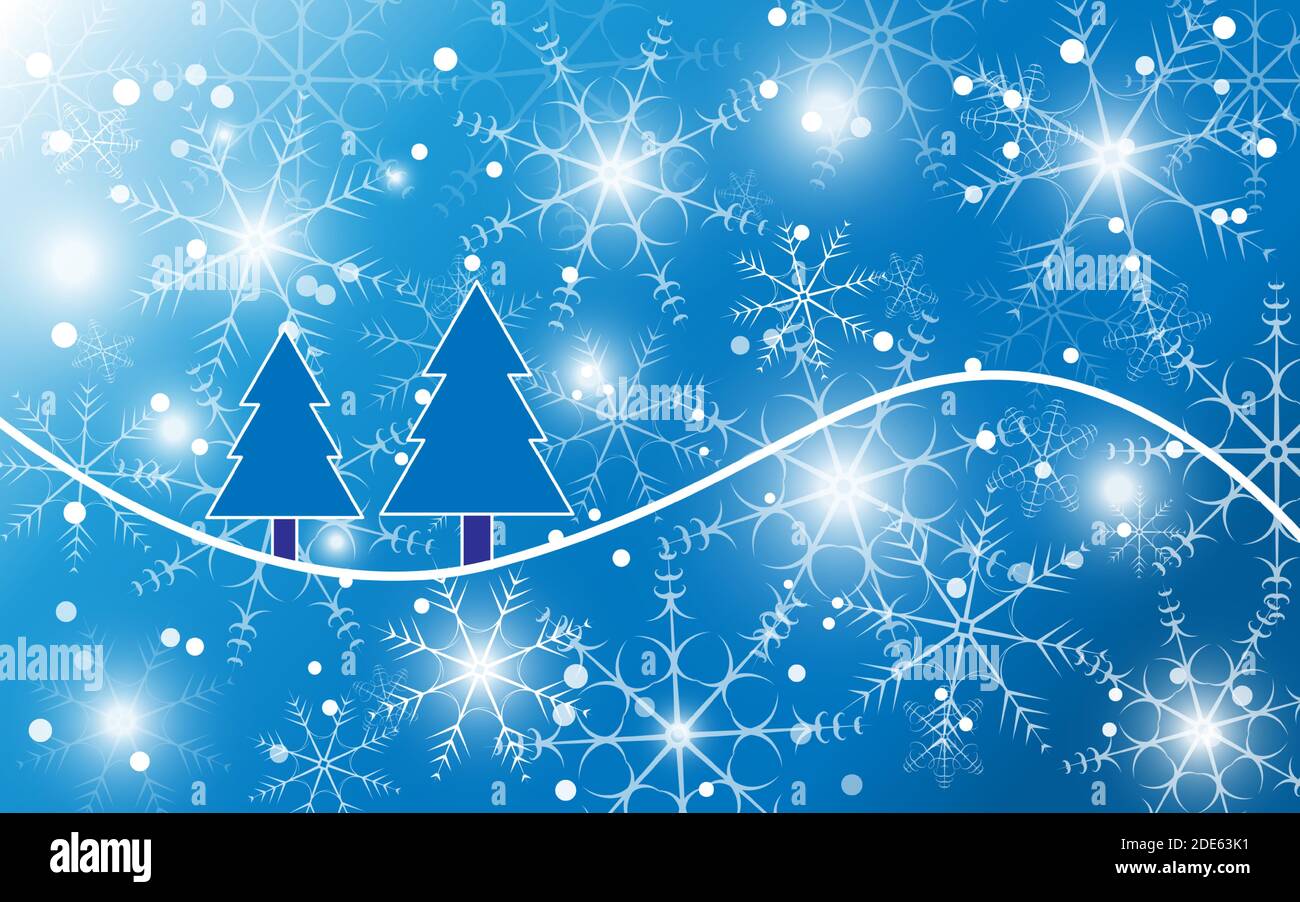 Two blue spruce on a blue gradient with highlights and snowflakes - vector christmas background Stock Vector
