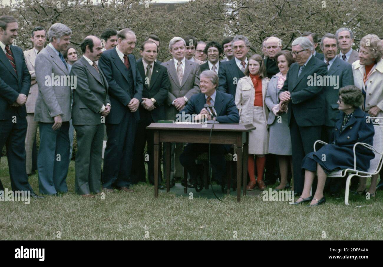 Jimmy Carter participates in a bill signing ceremony ca.  6 April 1978 Stock Photo