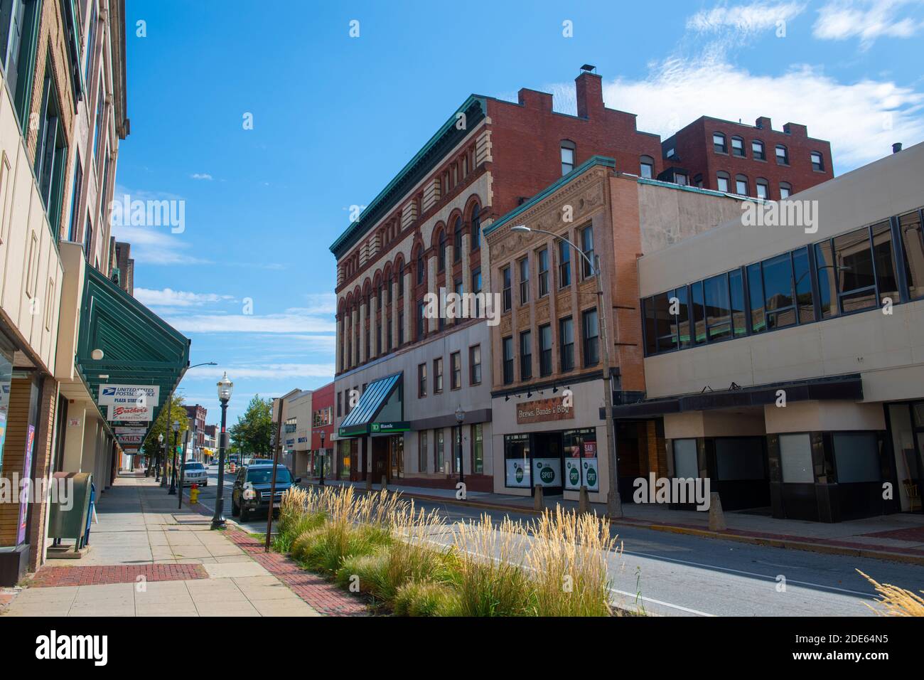 Historic commercial buildings on Main Street at Putnam Street in downtown Fitchburg, Massachusetts MA, USA. Stock Photo