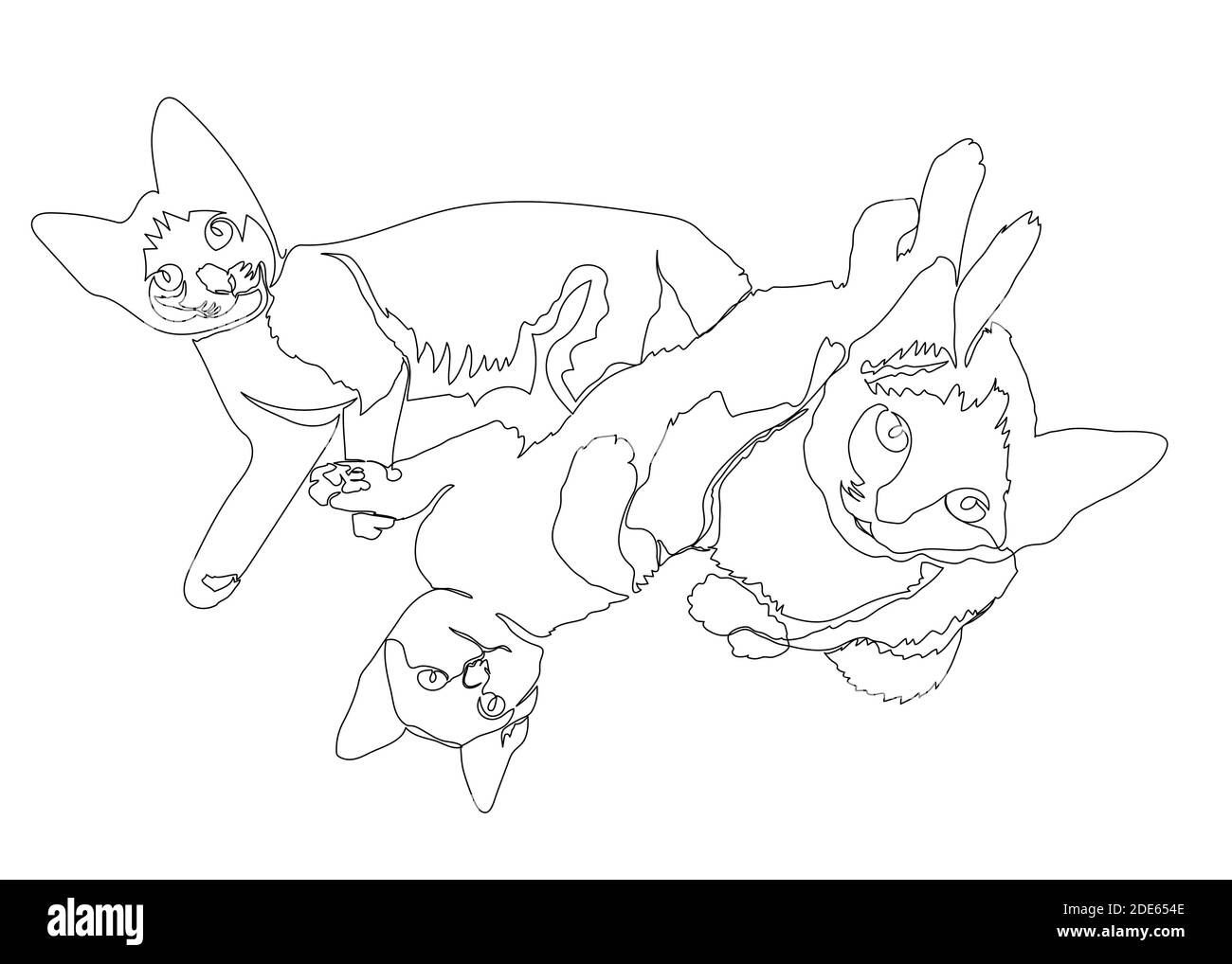 Continuous line drawing of the three kittens, top view, isolated on white background, vector illustration Stock Vector