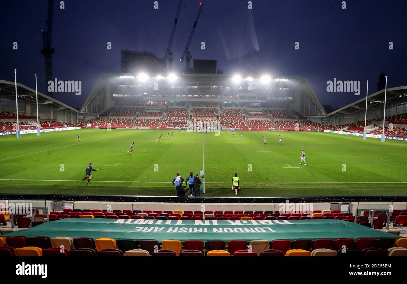 London Irish take on Leicester Tigers in their first home game at their new Brentford Community Stadium, London in the Gallagher Premiership. Stock Photo