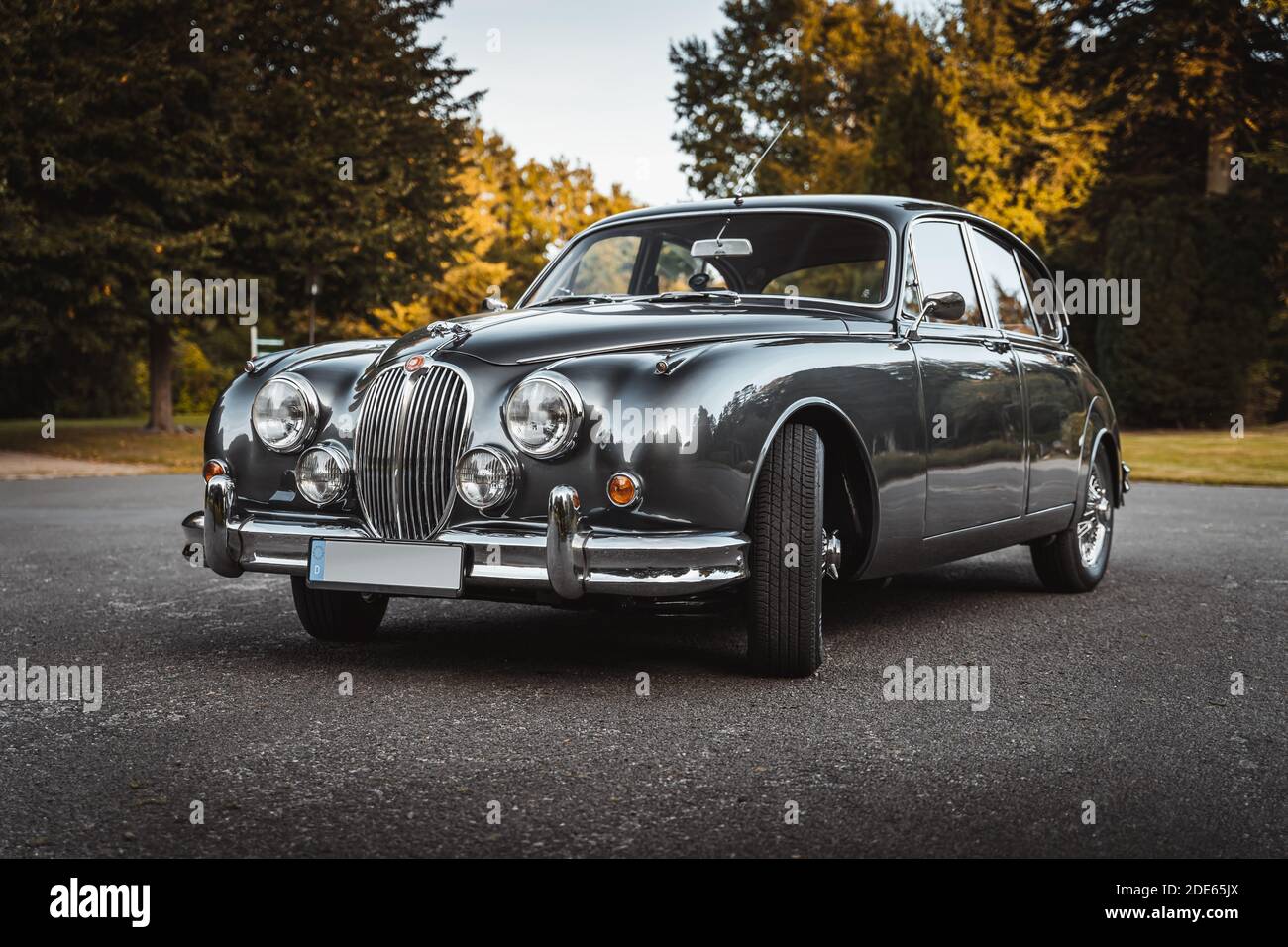 Frontview of a Jaguar old timer car on the street Stock Photo