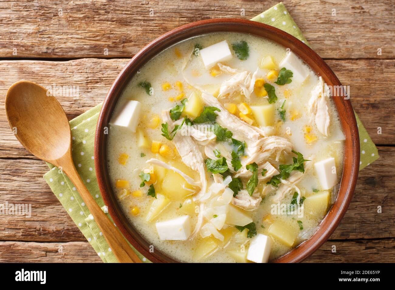 Chupe andino refers to various stews and soups that are prepared in the Andes mountains region in South America close-up in a bowl on the table. horiz Stock Photo