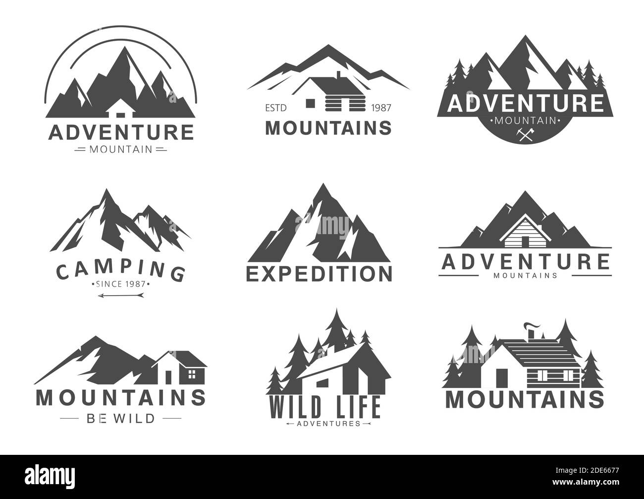 Mountain logo flat vector illustration set, design element sign logo stamp collection of outdoor tourism adventure, life in wilderness Stock Vector