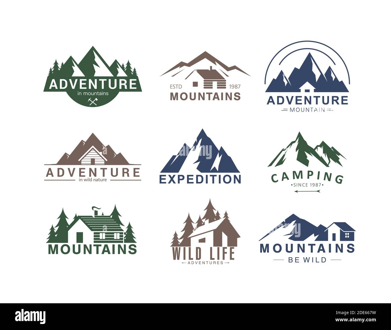 Mountain logo flat vector illustration set of rocky mountain top peaks, camping outdoor adventure expedition, camp life in wild Stock Vector