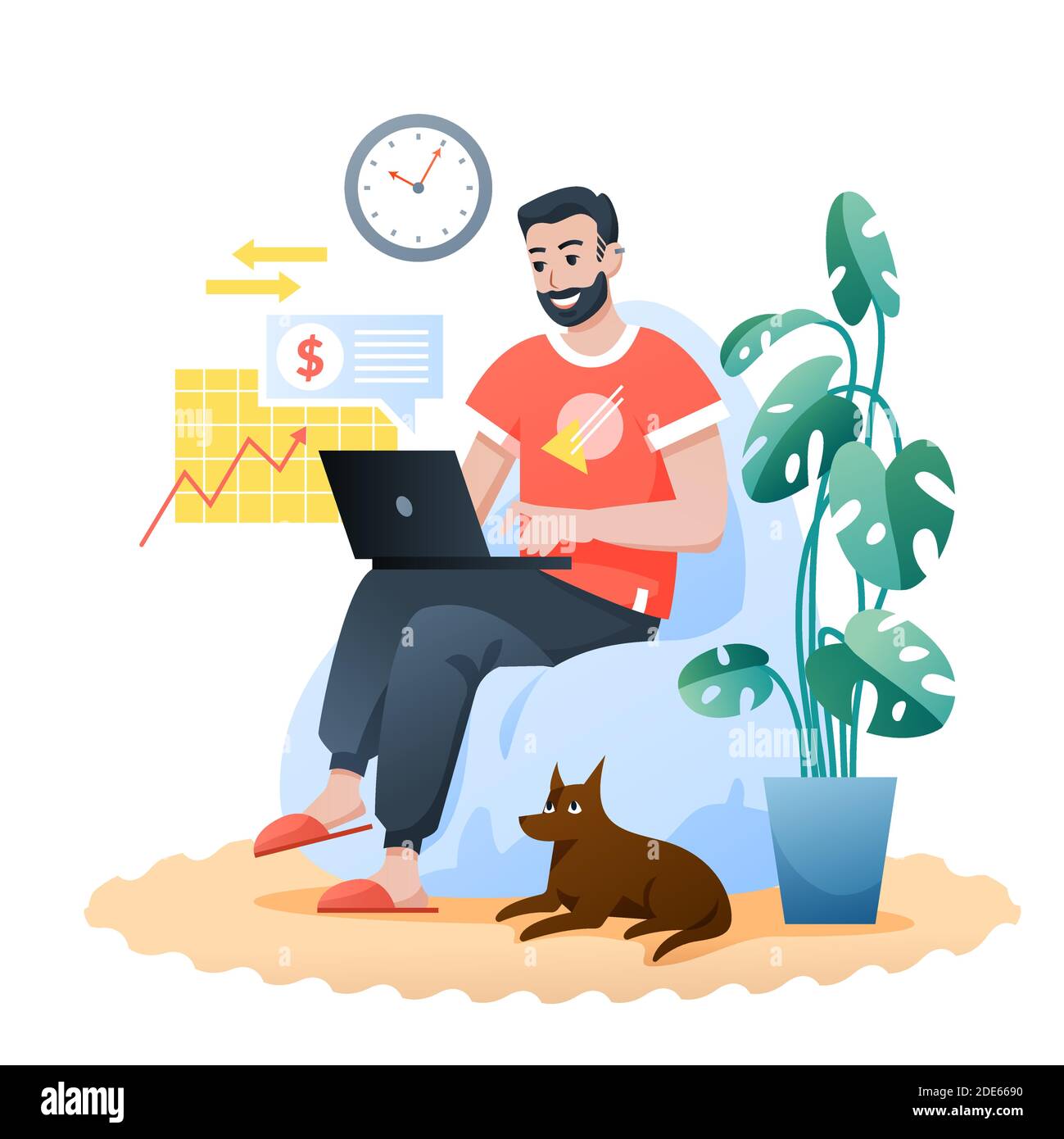 Freelance home work flat vector illustration, cartoon bearded happy hipster sitting in modern armchair, man freelancer character working at home Stock Vector
