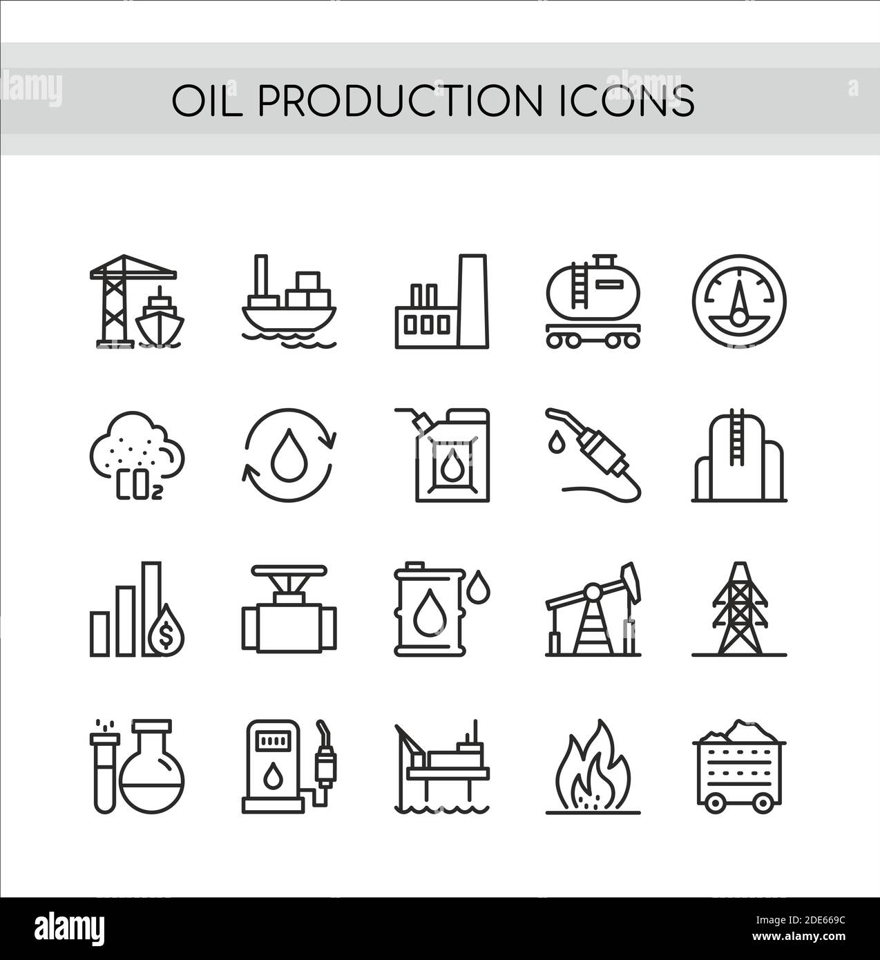 Oil production vector illustration set, oilfield drilling pump station, tanker ship or truck transportation, refinery oil plant symbols Stock Vector