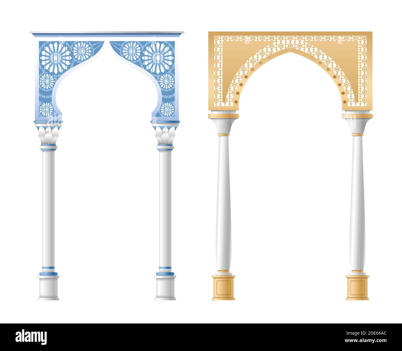 Vector illustration of architectural columns, pillars and arches isolated on white background. Stock Vector