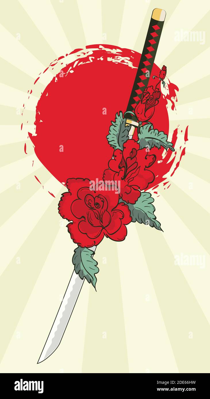 Japanese katana sword and red rose flowers with leaves illustration. Stock Vector
