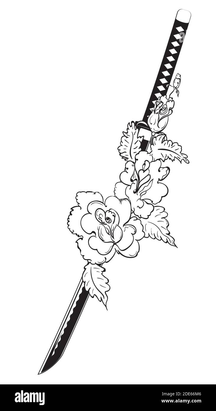 Japanese katana sword with roses black and white illustration Stock Vector  Image & Art - Alamy