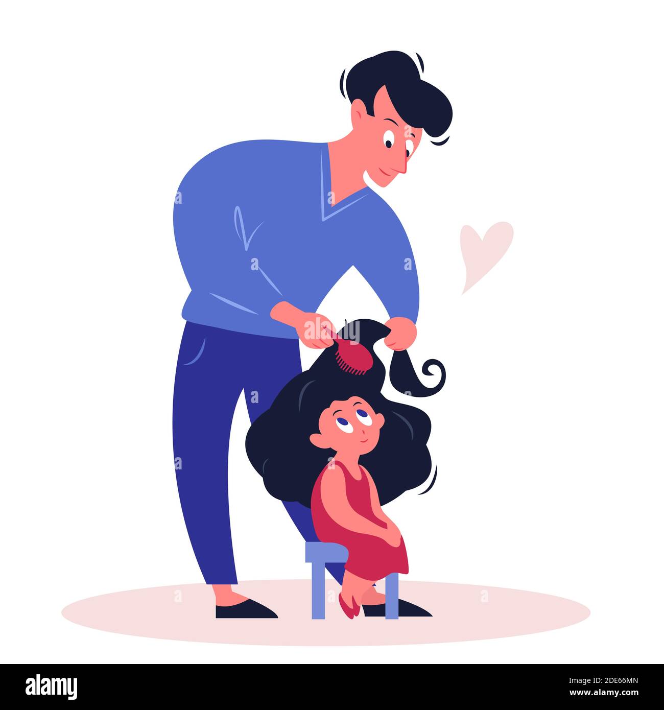 Father time with daughter vector illustration, cartoon flat happy parent dad holding comb, doing hairstyle to cute girl isolated on white Stock Vector