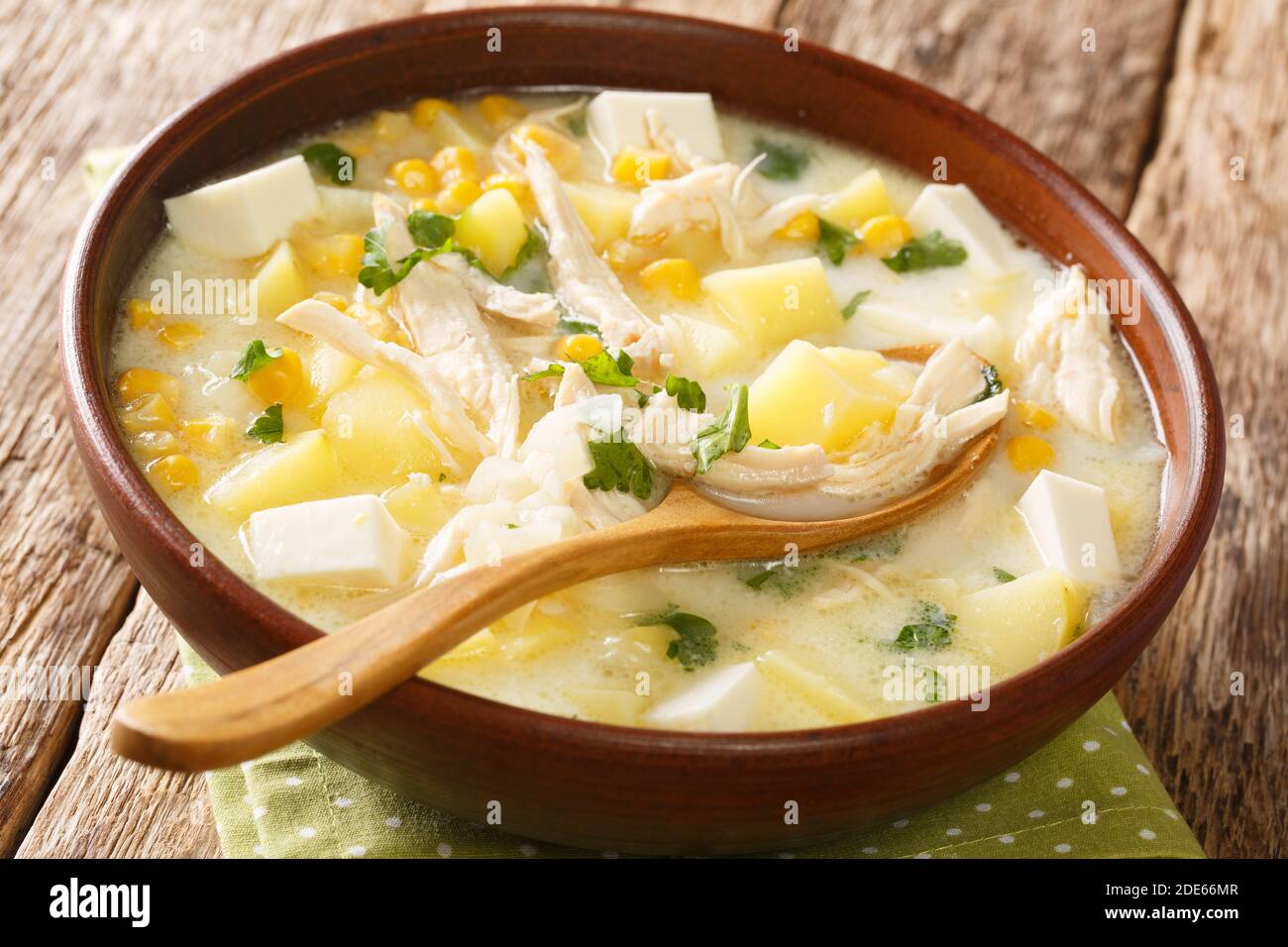 Chupe andino refers to various stews and soups that are prepared in the Andes mountains region in South America close-up in a bowl on the table. horiz Stock Photo
