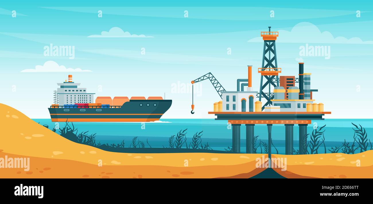 Oil gas extraction vector illustration, cartoon flat oilfield technology, offshore extracting pump tower station at sea water Stock Image & - Alamy
