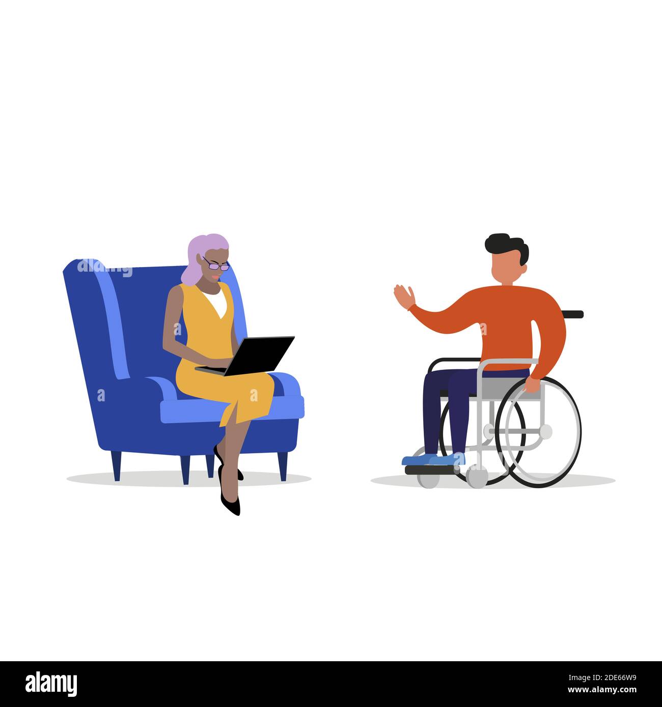 Psychological assistance for disabled people. Psychologist and patient in a wheelchair, assistance to disabled person, rehabilitation and support sold Stock Vector