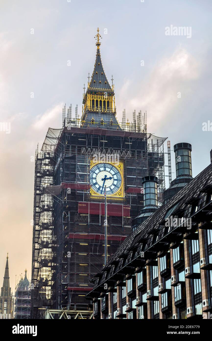 28 November 2020 - London, UK, Big Ben covered with scaffolding during restoration Stock Photo