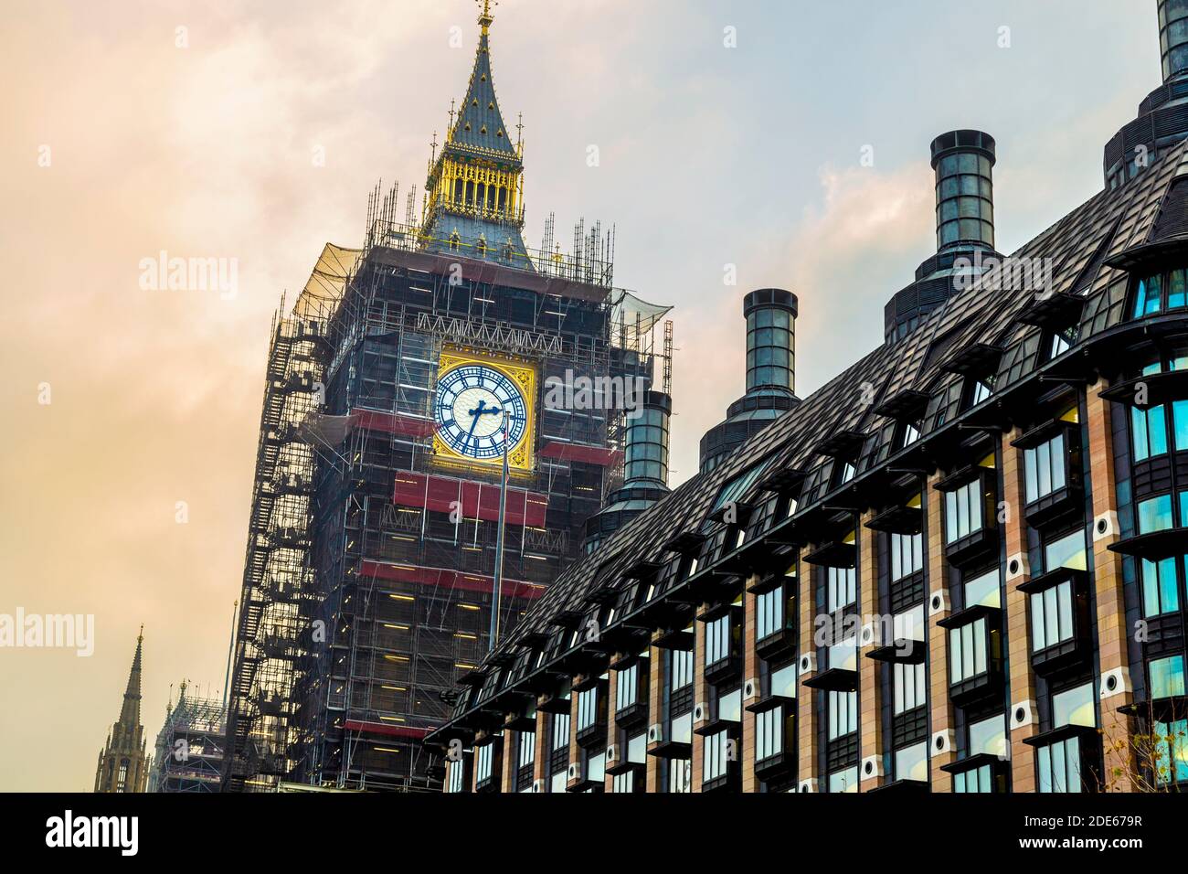 28 November 2020 - London, UK, Big Ben covered with scaffolding during restoration Stock Photo