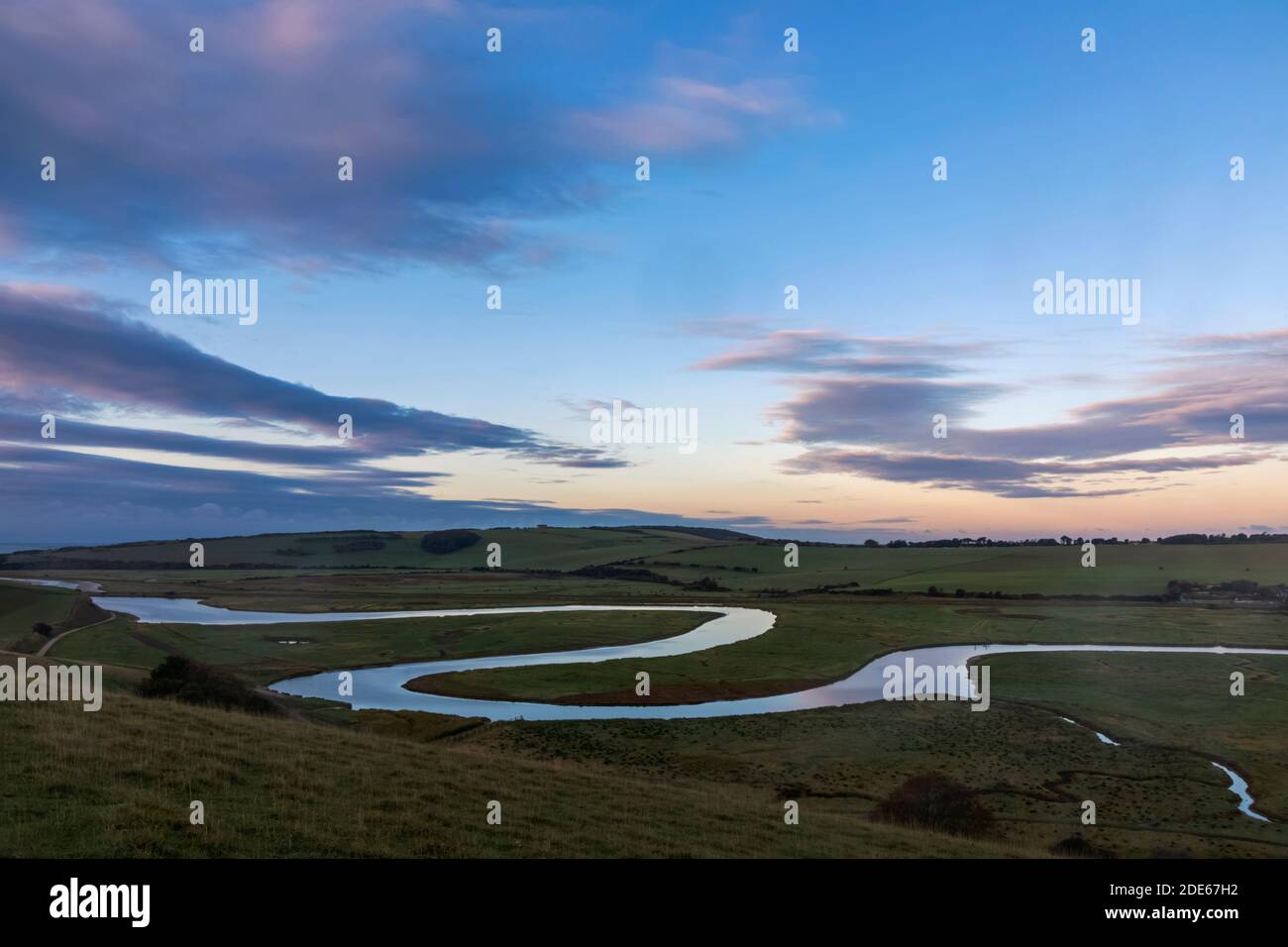 England, East Sussex, Eastbourne, South Downs National Park, Birling Gap, The Cuckmere River  at Sunset Stock Photo