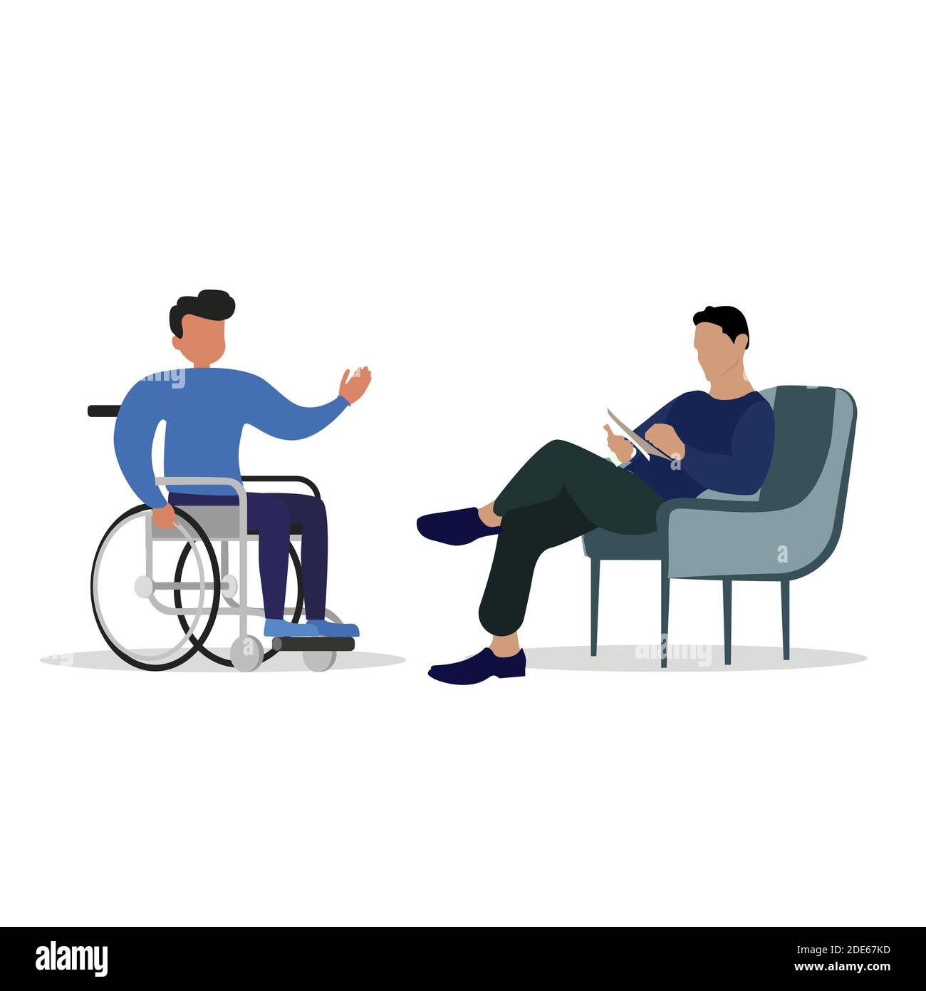 Care mental consultant to handicap person in wheelchair. Vector medical counseling for recovery invalid illustration. Rehabilitation physiotherapy hea Stock Vector