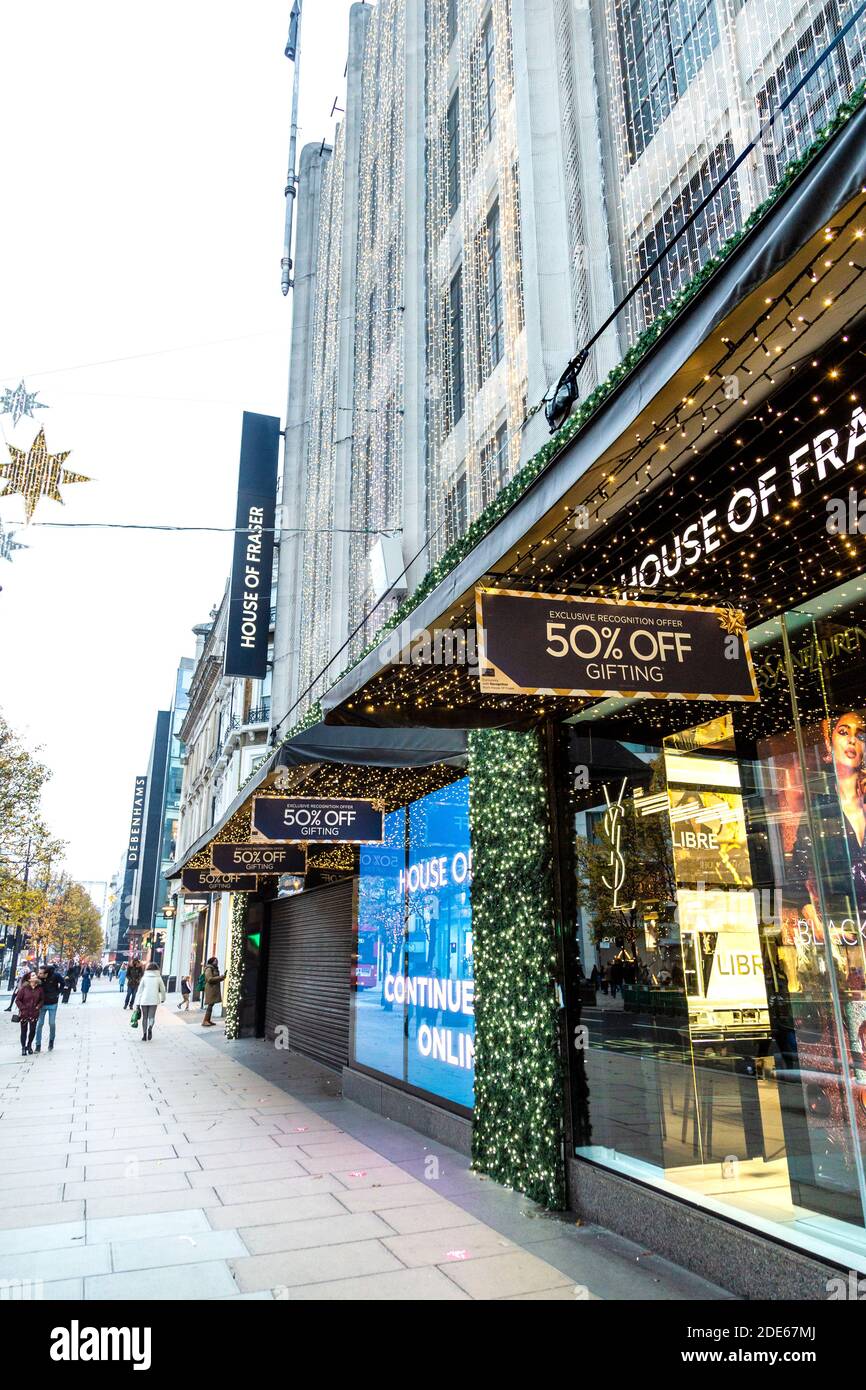 28 November 2020 - London, UK, empty Oxford Street next to House of Fraser department store on Black Friday weekend during coronavirus lockdown Stock Photo