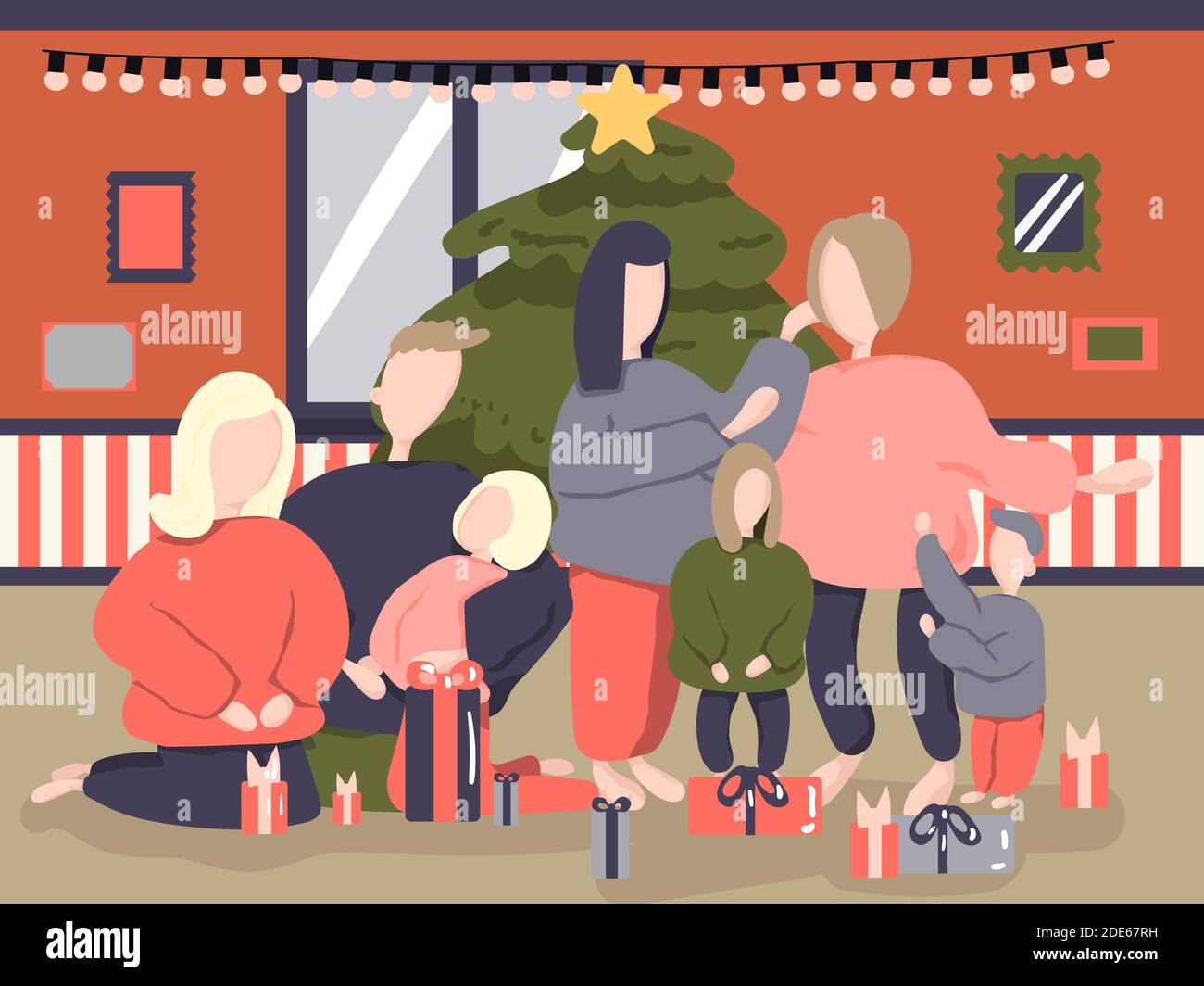 The whole family gathered at a Christmas eve party to play secret santa Stock Vector