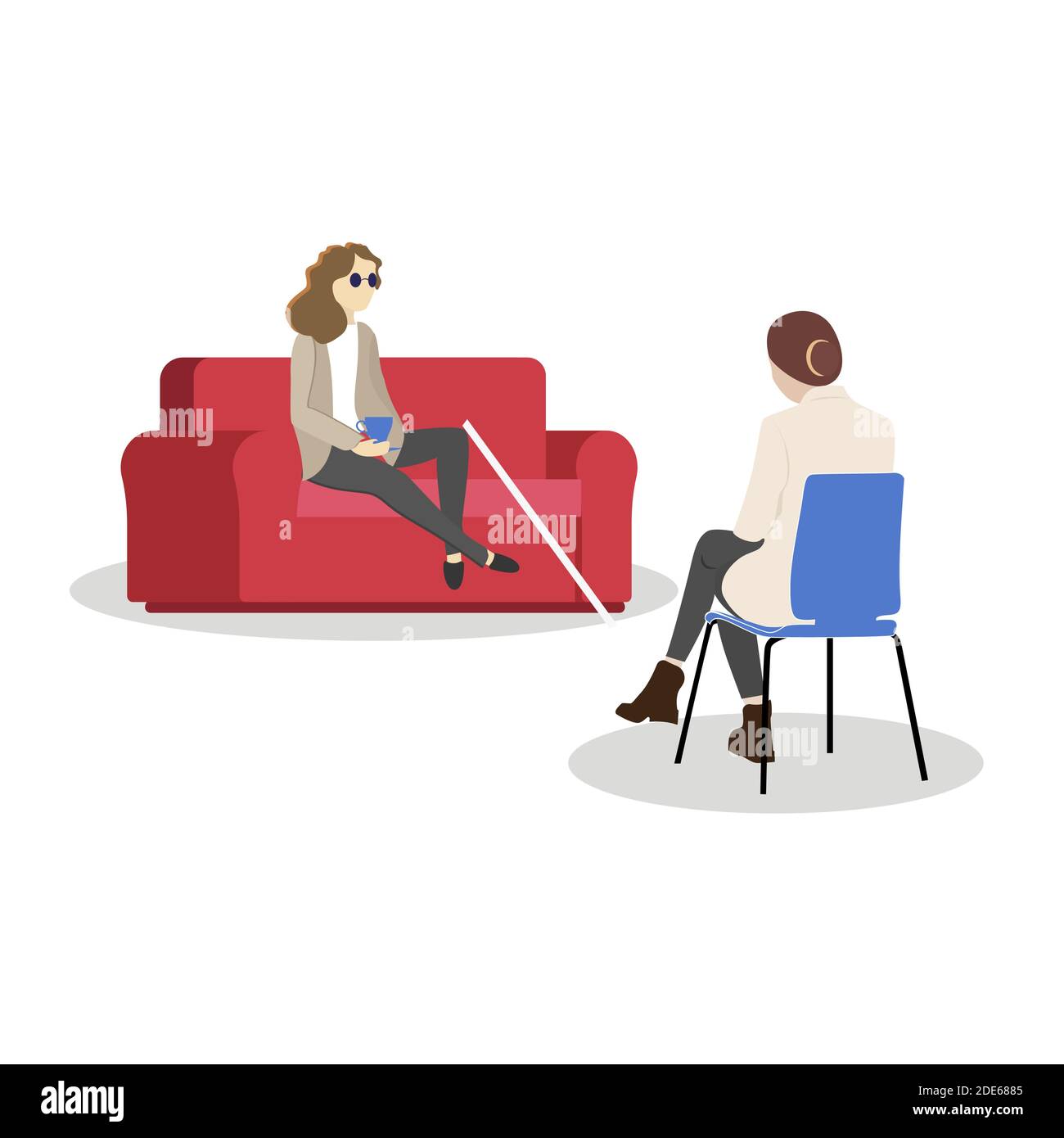 Psychological assistance for disabled people. Blind girl at psychologist appointment. Illustration rehabilitation and psychotherapy, communication and Stock Vector