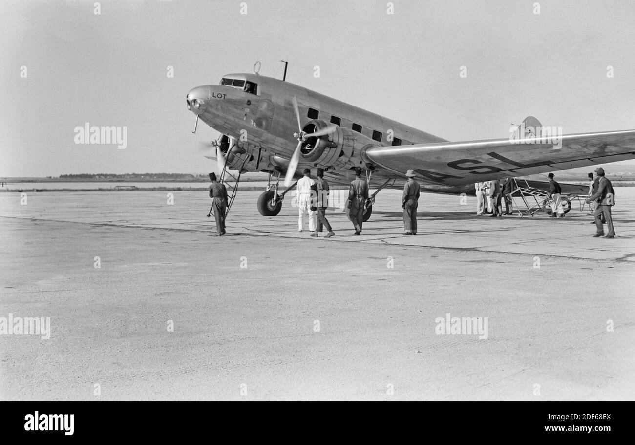 Original Caption:  Lot plane arriving [at Lydda air port]  - Location: Israel--Lod ca.  1934-1939 Stock Photo
