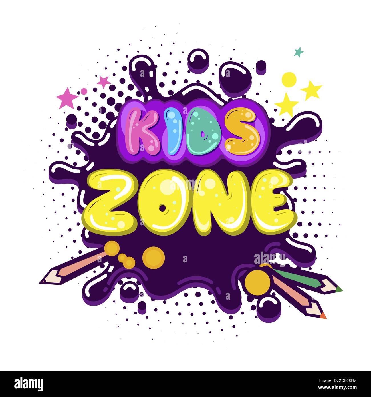Kids zone inscription in cartoon style. Cartoon colorful card. Birthday fun entertainment. Vector kids room to play, illustration education or playroo Stock Vector